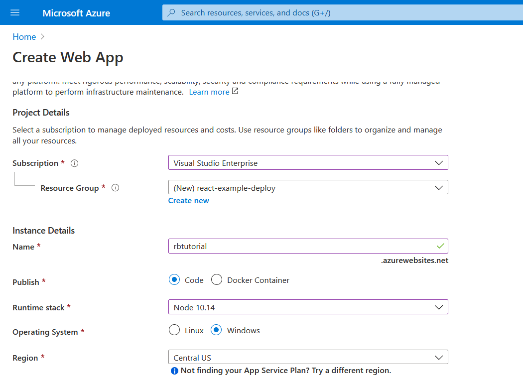 Figure 1.4 Create Web app service in Microsoft azure |  How to deploy React App in Azure