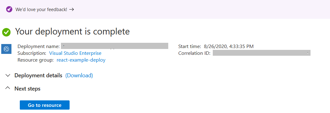 Figure 1.6 App service deployment completion view |How to deploy React App in Azure